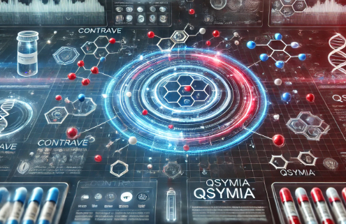 Contrave and Qsymia together may interact in complex ways, as depicted in this futuristic scientific visualization. The image features glowing molecular structures, intricate chemical reaction pathways, and a digital medical interface highlighting potential side effects and warnings.