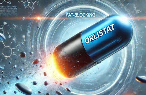 How does Orlistat work for weight loss? This futuristic image shows a large Orlistat capsule blasting off, blocking fat molecules with a high-tech, scientific background