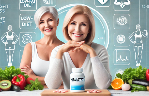 Orlistat weight loss results are evident as a cheerful woman in her mid-50s sits at a table, smiling with satisfaction. A bottle of Orlistat is placed beside her, symbolizing its role in her weight loss journey. The background features icons representing a healthy low-fat diet, including fruits, vegetables, and lean proteins, along with fitness symbols like a yoga pose and a heart rate monitor, emphasizing a balanced approach to weight management.
