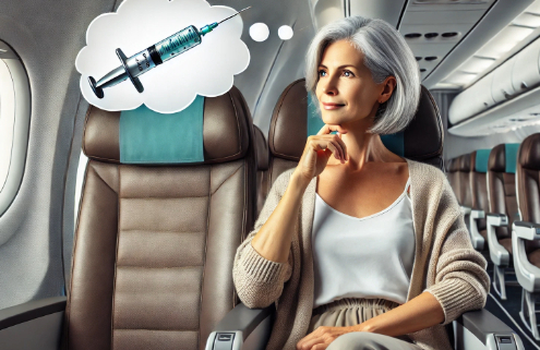 How to transport Mounjaro on plane is depicted by a mature woman sitting in a seat on an airplane with a thought bubble of injectable pen above her head.