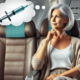 How to transport Mounjaro on plane is depicted by a mature woman sitting in a seat on an airplane with a thought bubble of injectable pen above her head.