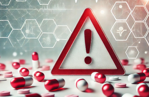 Contrave and codeine drug interactions are symbolized by a red medical warning triangle with an exclamation mark in the foreground, surrounded by scattered pills. The background features scientific elements, including molecular structures and a faint ECG heartbeat line, highlighting the medical risks of combining these medications.