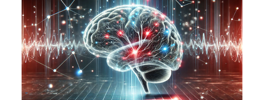 Contrave and metoprolol drug interactions illustrated through a futuristic 3D-rendered image of a semi-transparent human brain with glowing neural pathways and electric impulses, symbolizing neurological effects.