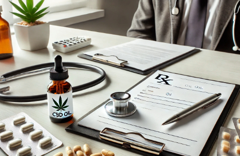 Can I take CBD with Contrave? A doctor's desk with a stethoscope, a clipboard holding a prescription pad, a small CBD oil bottle, and generic medication capsules scattered on a clean, well-lit surface, symbolizing a medical consultation about drug interactions.