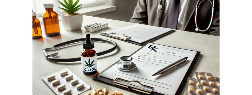 Can I take CBD with Contrave? A doctor's desk with a stethoscope, a clipboard holding a prescription pad, a small CBD oil bottle, and generic medication capsules scattered on a clean, well-lit surface, symbolizing a medical consultation about drug interactions.