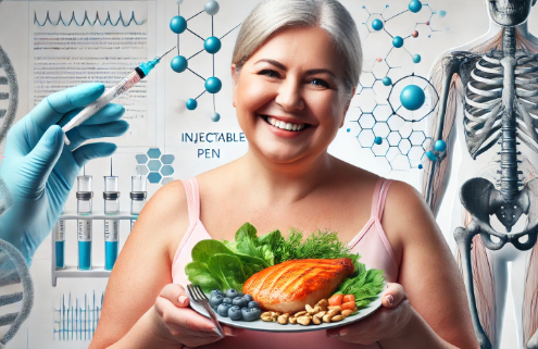 Mounjaro diet: A mid-50s overweight woman enjoys a healthy meal with grilled chicken, leafy greens, and nuts. An injectable pen and scientific elements in the background symbolize a science-backed approach to weight management.