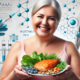 Mounjaro diet: A mid-50s overweight woman enjoys a healthy meal with grilled chicken, leafy greens, and nuts. An injectable pen and scientific elements in the background symbolize a science-backed approach to weight management.