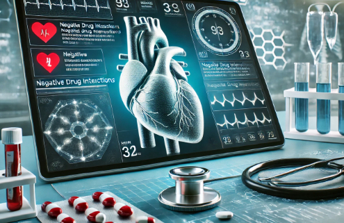Contrave and Losartan drug interactions are highlighted in a modern medical setting featuring cardiovascular system models, blood pressure monitors, and digital screens displaying warning signs. The image conveys a professional yet slightly tense atmosphere, emphasizing the potential risks and adverse effects of combining these medications.