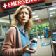 Contrave and Adderall drug interactions can pose serious health risks. The image shows a worried woman in her mid-50s entering a hospital emergency room, holding a bottle of Contrave in her hand. Her concerned expression highlights potential adverse effects, while the well-lit hospital entrance and emergency sign emphasize the urgency of the situation.