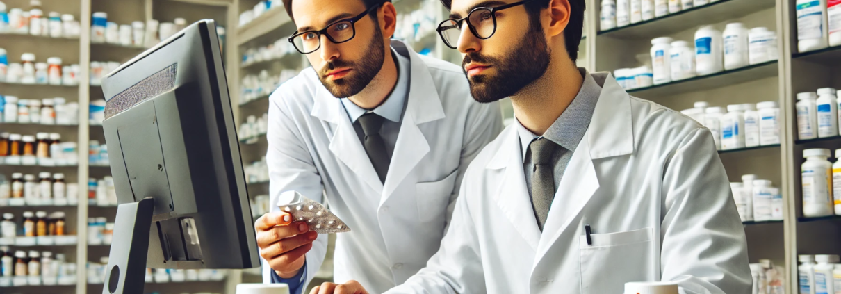 Contrave and Zoloft Together Drug Interactions represented by 2 pharmacists examining medication interactions on a computer.