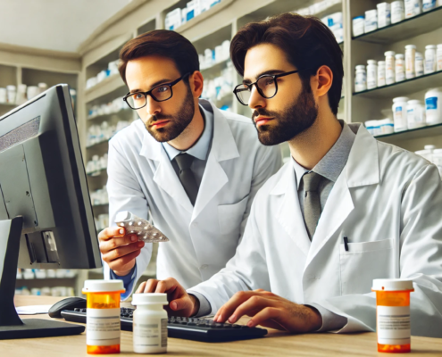 Contrave and Zoloft Together Drug Interactions represented by 2 pharmacists examining medication interactions on a computer.