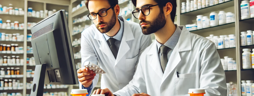Contrave and Zoloft Together Drug Interactions represented by 2 pharmacists examining medication interactions on a computer.