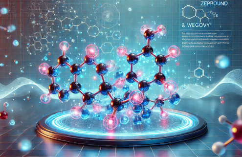 Zepbound vs Wegovy side effects visualized through a high-tech 3D representation of molecular structures, glowing chemical bonds, and a futuristic medical background with subtle grid lines and a digital interface.