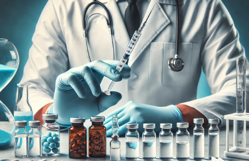 Ozempic vs Wegovy for weight loss depicted in a medical lab with a doctor testing weight loss injection pens.