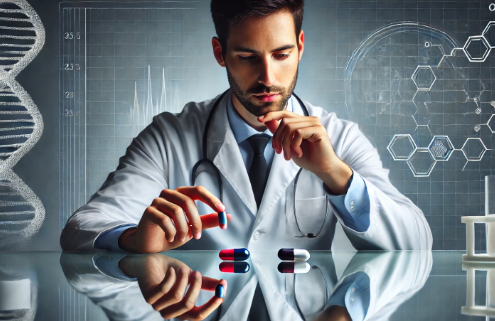 Contrave and Vyvanse Together Drug Interactions portrayed in this image of a doctor examining 2 distinct capsules.