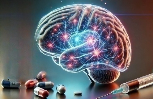 Contrave and Fentanyl Drug Interactions depicted in a brain with medicine capsules and a syringe on a table.