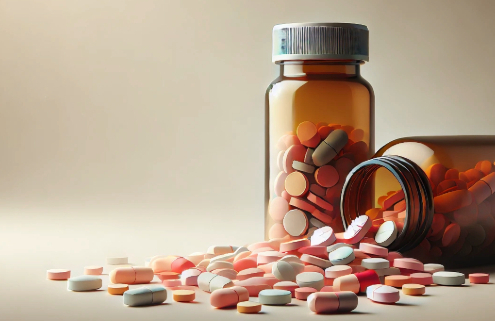 Contrave and Lamictal drug interactions portrayed by two pill bottles, and pills spilling out of one of the bottles onto the table.