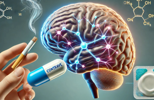 Contrave and nicotine drug interactions symbolized by a brain, a lit cigarette, a nicotine patch, and a contrave capsule
