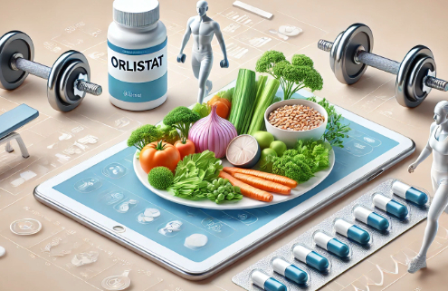 What is Orlistat is represented in an image of healthy foods, exercise, and Orlistat capsules.