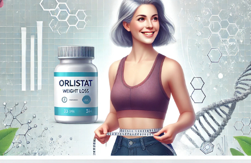 Orlistat vs phentermine for weight loss portrayed by a mature woman in a sports bra holding a tape measure around her slim wait. An orlistat pill bottle is in the background