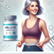 Orlistat vs phentermine for weight loss portrayed by a mature woman in a sports bra holding a tape measure around her slim wait. An orlistat pill bottle is in the background