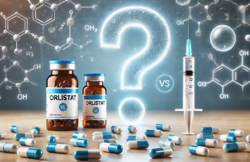 Orlistat vs Wegovy for weight loss is portrayed in an image of pills and an injectable pen on a table.