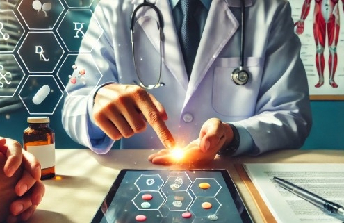 Contrave and NSAIDs drug interactions explained in a medical consultation scene. A doctor in a white coat discusses potential risks with a patient, pointing at a digital tablet displaying a drug interaction chart. Various pills, including NSAIDs like ibuprofen, Motrin, Aleve, and aspirin, are scattered on the table alongside a prescription bottle.