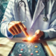 Contrave and NSAIDs drug interactions explained in a medical consultation scene. A doctor in a white coat discusses potential risks with a patient, pointing at a digital tablet displaying a drug interaction chart. Various pills, including NSAIDs like ibuprofen, Motrin, Aleve, and aspirin, are scattered on the table alongside a prescription bottle.