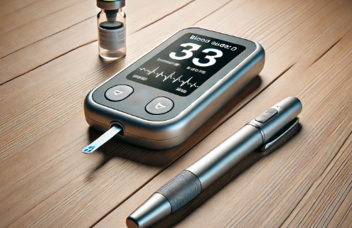 How does Ozempic work for diabetes represented by a blood glucose monitor and in injectable pen.