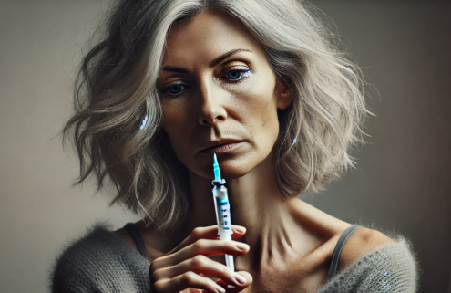 Does Ozempic Cause Depression portrayed by a depressed mature woman holding and looking at an injection pen.