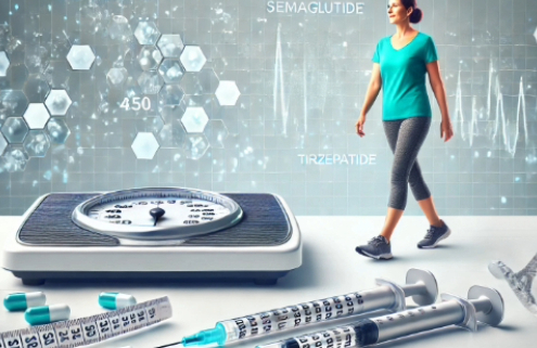 Semaglutide vs Tirzepatide for weight loss portrayed by a weight scale, syringes, and a woman walking for fitness.