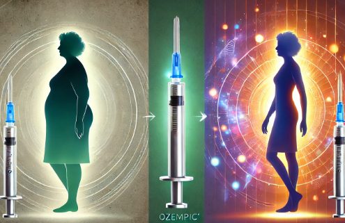 Ozempic vs Trulicity for weight loss represented by 2 images of the same woman in silouette, one obese and one thin, with an ozempic injectable pen between them.