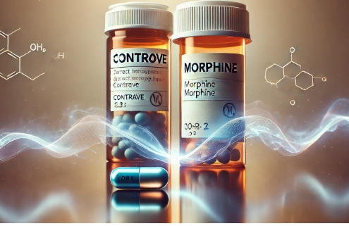 Contrave and Morphine Drug interactions portrayed by a pill bottle of contrave and another one of morphine.