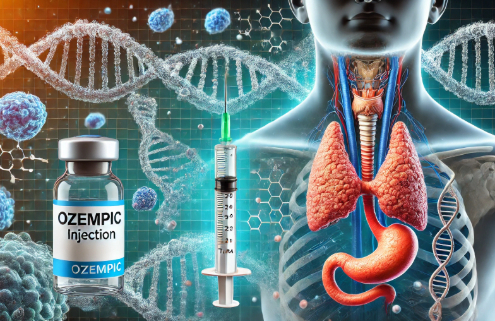 Does Ozempic Cause Cancer represented by DNA stranges, thyroid gland, and Ozempic vial and pen.