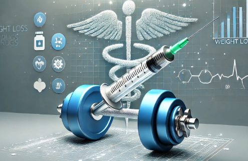 Do GLP-1 Drugs Cause Muscle Loss portrayed by dumbells, an injectable pen, and medical symptoms