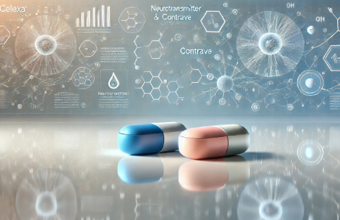 Celexa and Contrave drug interactions portrayd by two capsule side by side with scientific elements in the background.