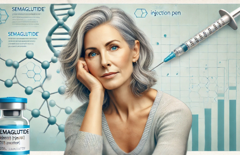 Does Ozempic Make You Tired personified in this image of an enhausted woman with semaglutide pen and scientific elements in the background.