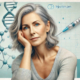 Does Ozempic Make You Tired personified in this image of an enhausted woman with semaglutide pen and scientific elements in the background.