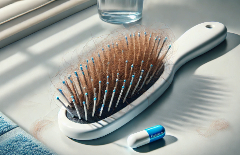 Does Phentermine Cause Hair Loss in Females signified by a hair-filled hairbrush beside a phentermine capsule on the bathroom vanity.