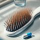 Does Phentermine Cause Hair Loss in Females signified by a hair-filled hairbrush beside a phentermine capsule on the bathroom vanity.