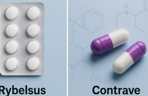 Contrave and Rybelsus Together Drug Interactions Symbolized with both drugs on a table separated by a white line.