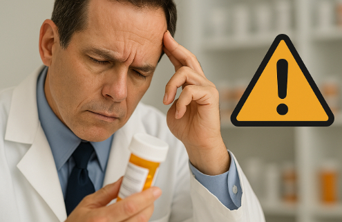 Contrave and Suboxone drug interactions symbolized by a pharmacist's frown as he reads a pill label.