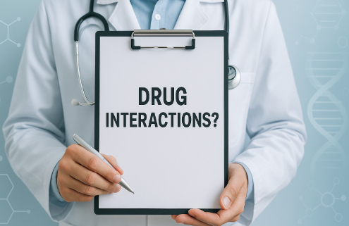Contrave and Buspar Drug Interactions Symbolized by a doctor holding a clipboard in front of this chest that reads, "drug interactions."