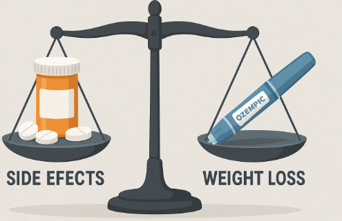Phentermine vs Ozempic for Weight Loss Symbolized by a balance scale with side effects on one side, weight loss on the other.