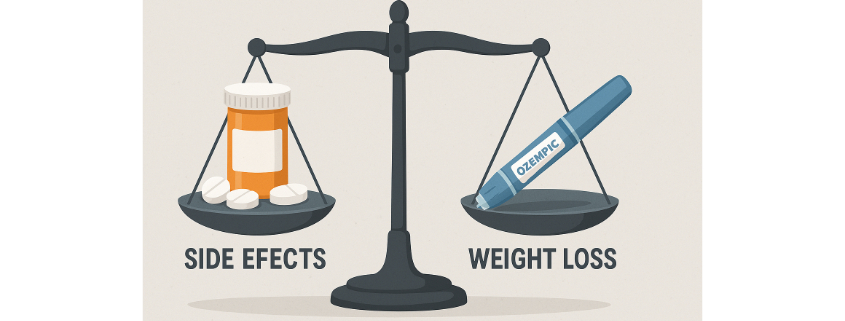 Phentermine vs Ozempic for Weight Loss: Which One is Better? Phentermine vs Ozempic for Weight Loss Symbolized by a balance scale with side effects on one side, weight loss on the other.