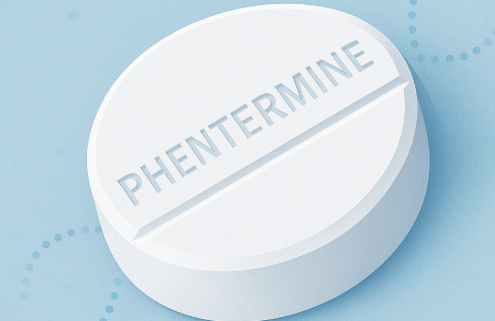 Does Phentermine Work for Weight Loss symbolized by a Phentermine tablet with scientific elements in the bg.