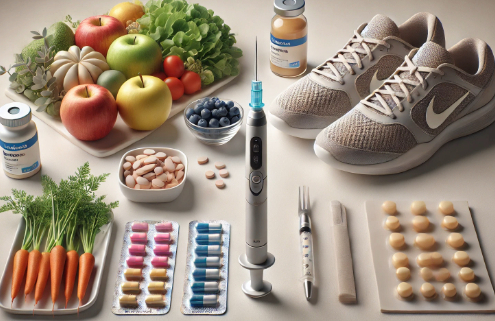 Phentermine vs Wegovy for Weight Loss symbolized by healthy foods, walking shoes, pills, and an injectable pen.