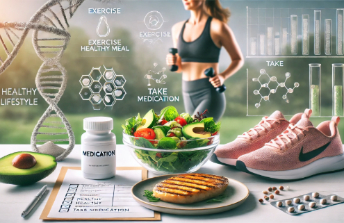 Lomaira (Phentermine) symbolized by healthy foods, sneakers, and a woman exercising in the background