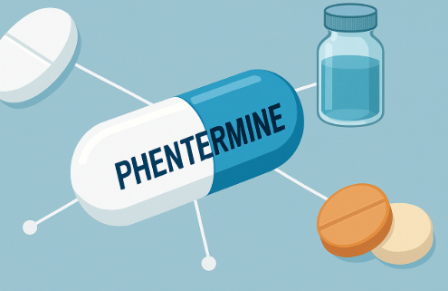 Phentermine drug interactions symbolized by a cartoon rendering of a phentermine capsule with arrows pointing to other pills and a vial of medication.