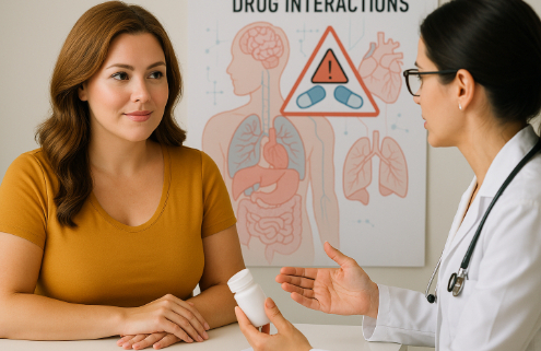 Contrave and Haldol Drug Interactions symbolized by a doctor discussing a prescription with a female patients.